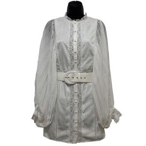 ASOS Design White Sheer Pleated Balloon Sleeve Lace Trim Mini Dress Size 4